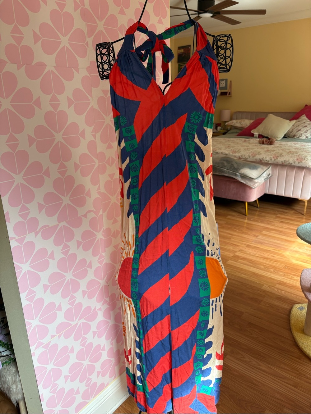 Striped Red & Blue Halter Maxi Dress with Green Accents